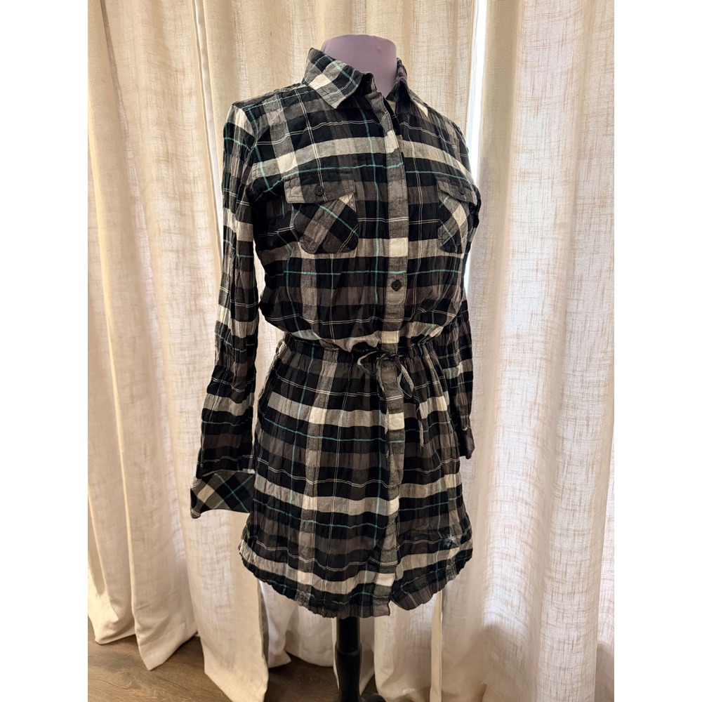 Patagonia Womens Plaid Shirt Dress M Black Drawstring Waist Organic Cotton